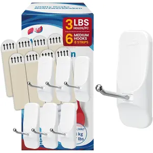 Hooks for ,6 Wire Sticky Hooks and 8 Adhesive Strips, White Utility Hooks for Painted Wall, No  Heavy Duty Holds up to 3 lb, Removable &  for Door, Dorm, Clothes, Kitchen