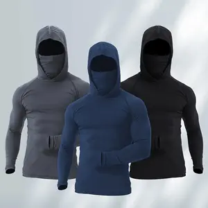Men's quick-drying, windproof, hooded long-sleeved sports shirt with face mask, a compression sportswear suitable for outdoor activities, running, and fitness.