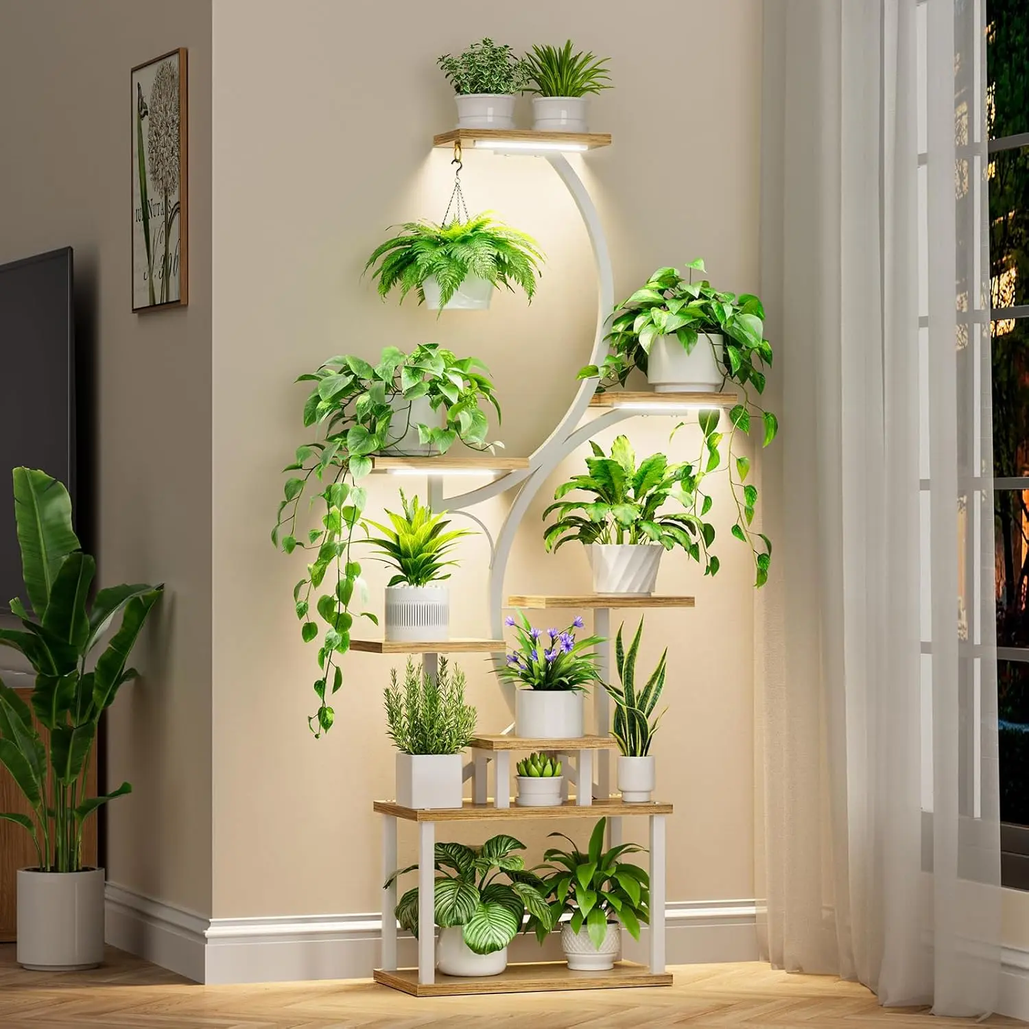 POZILAN 8-Tier 62" Metal Plant Stand with Adjustable Timer LED Grow Light - Corner Shelf, Curved Multi-Tier Vertical, Adjustable Shelves, Freestanding Floor, Large Organizer for Multiple Pots, Home Decor Gift, Corner Shelf Racks & Displays, Curved Multi-T