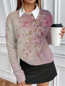 A casual style round-neck striped purple gradient floral print long-sleeved knit sweater, suitable for autumn and winter seasons. It is both casual and elegant, and can be worn for commuting, layered or worn alone.