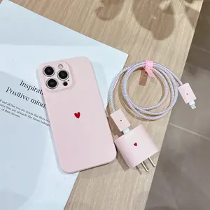 6 Piece Set Heart Phone Case, Charger Head Cover, Cable Protector, Storage Rope, Data Line Wrap, for iPhone 11-16 Pro Max, Gift Idea