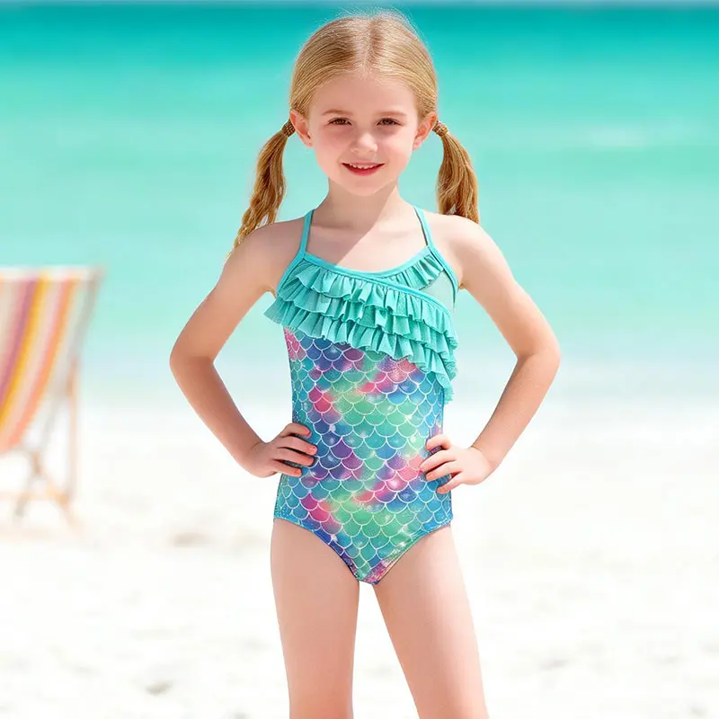 Girls Mermaid One-Piece Swimsuit, Cute Ruffle Scales Bathing Suit, Perfect for Summer Beach, Pool, Vacation & Hot Spring