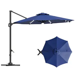 GAOMON 10FT Mini Offset Patio Umbrella with Solar-Powered LED Lights - 360° Rotation & Easy Tilt Cantilever Umbrella with Cross Base for Backyard, Poolside, Deck, and Outdoor Spaces, Blue