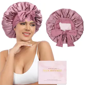 AWAYTR Silk Bonnet for Sleeping Women 100% Mulberry Silk Bonnets Double Layered Night Cap with Tie Band Reversible Hair Bonnet Sleeping Hair Wrap Pink Haircare Cap Heatless