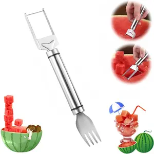2-in-1 Multifunctional Stainless Steel Fruit Cutter, Upgraded Dual Head Watermelon Slicer with Fork, Easy-Cut Tool for Watermelon Mango Dragon Fruit, Home Kitchen Camping Accessory