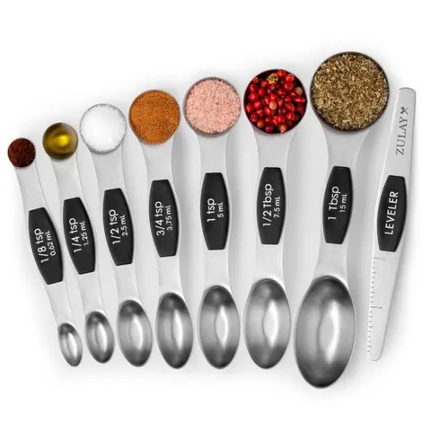 Magnetic Measuring Spoons - Set of 8 Stainless Steel for Spices, with Round & Rectangular Scoops for Easy Jar Access
