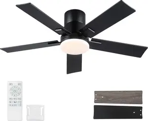 42 Inch Ceiling Fans with Lights and Remote,Flush Mount Black Ceiling Fan with 5 Blades,6 Speed Reversible DC Motor,3CCT Dimmable LED-Low Profile Design for Bedroom, Living room & Covered Outdoor
