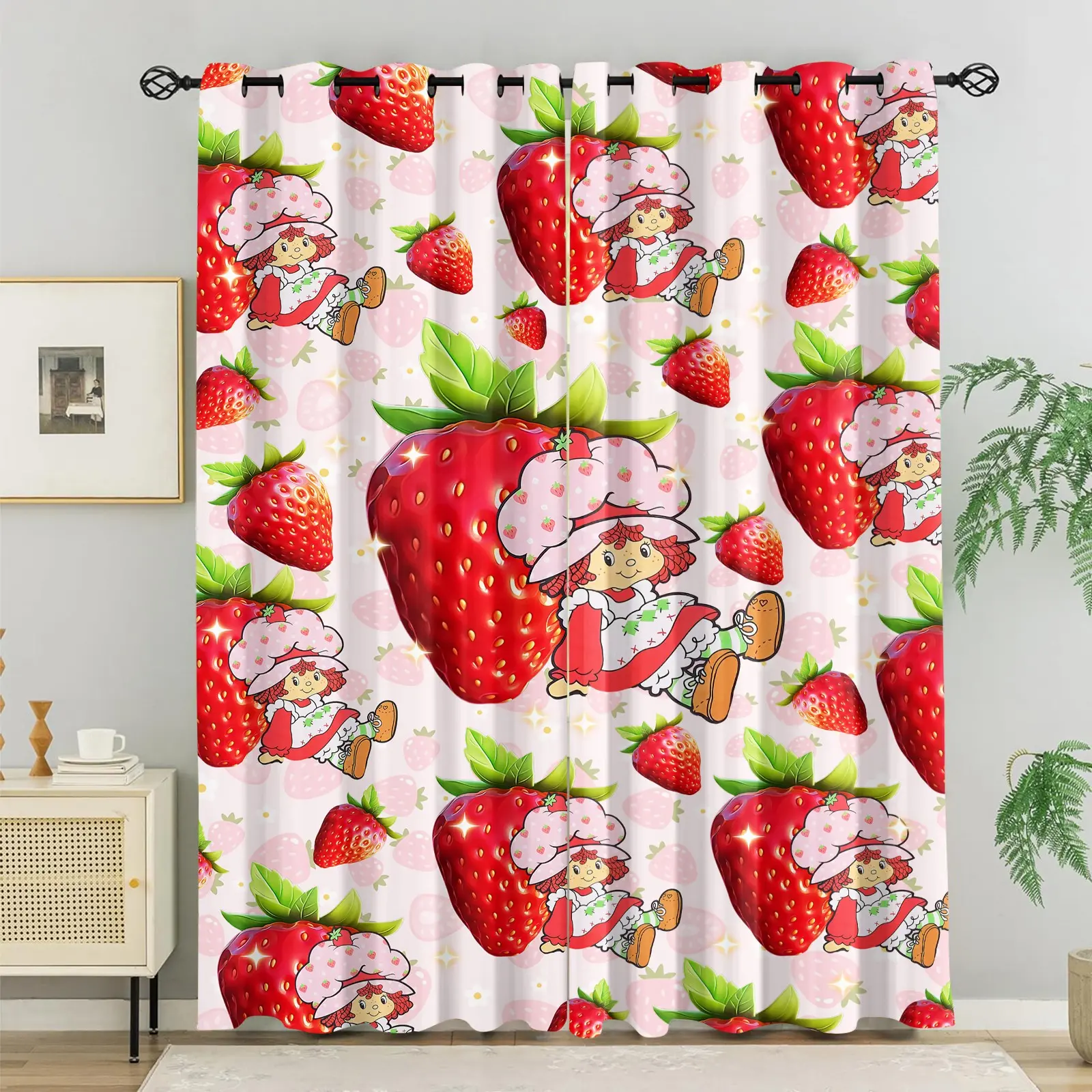 Strawberry Shortcake Giant Strawberry Print Blackout Window Cover Grommet Curtains, 2 Panels Thermal Insulated Sun Protection Window Drapes for Bedroom, Balcony, Living Room, Cute Kawaii Fruit Kids Room Decor, Interior Decoration Accessories