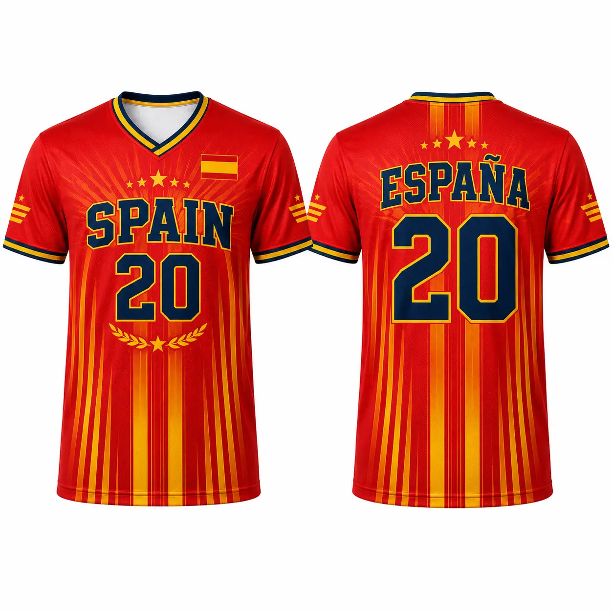 Unisex Spain-Inspired Sporty Chic V-Neck Athletic Fashion Activewear Top - Breathable Short-Sleeve Football Fan Tee with Flag Details, 20 Graphic, Red Yellow Soccer Style, Stars Accents, Daily Wear Sportswear for Game Days