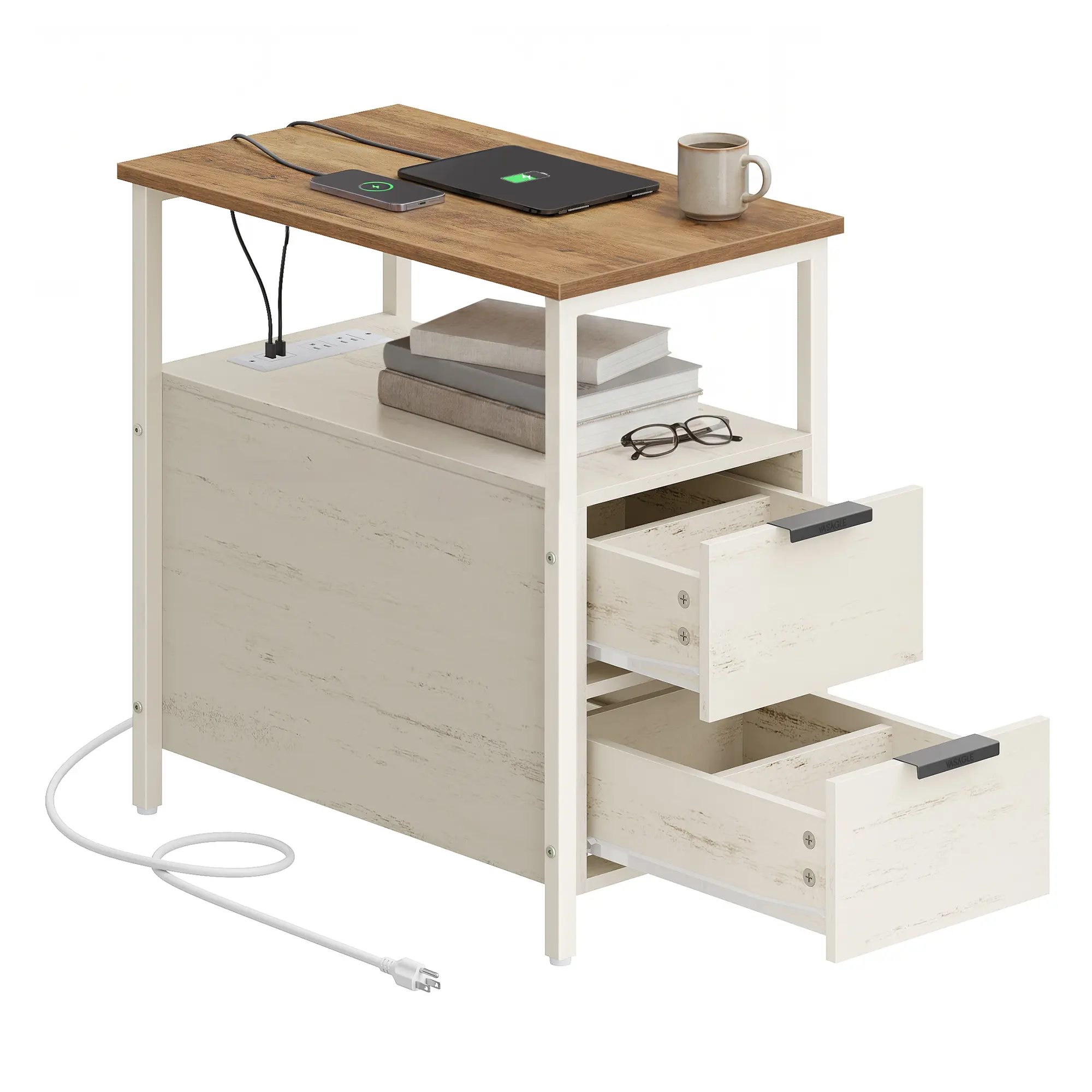 VASAGLE 2-Drawer Slim Side End Table with Charging Station - Compact Design Space Saving Furniture for Small Spaces, Living Room, Bedroom