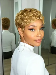 Chic Short Layered Pixie Curly Wigs Human Hair 27 Blonde With Bangs Glueless Full Machine Made Brown Ocean Wave Burgundy Pixie Cut Brazilian Finger Wave Wig For Women