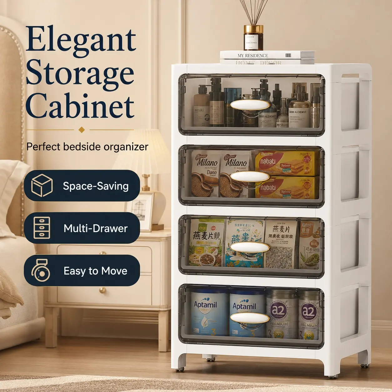 Grey Drawer Storage Cabinet, Plastic Storage Cabinet, Multiple Drawers, 3/4/5/6-Tier Rolling Bedside Organizer for Bedroom Bathroom Dorm Small Spaces