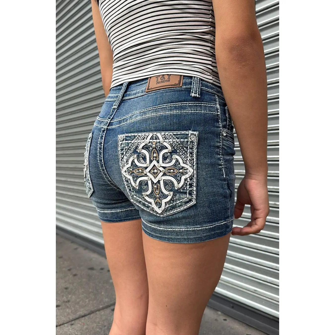 2000s Bedazzled Rhinestone Western Cross Patch Denim Shorts