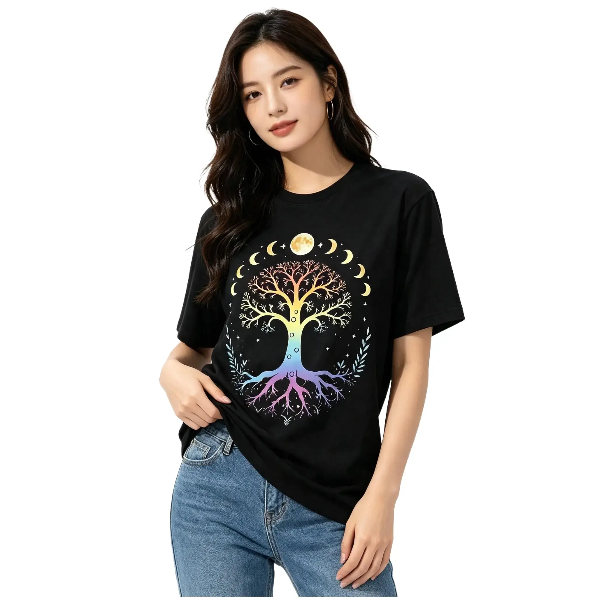 Chakra Tree Of Life Moon Phase T-Shirt Women Rainbow Celestial Graphic Cotton Short Sleeve Spiritual Casual Tee
