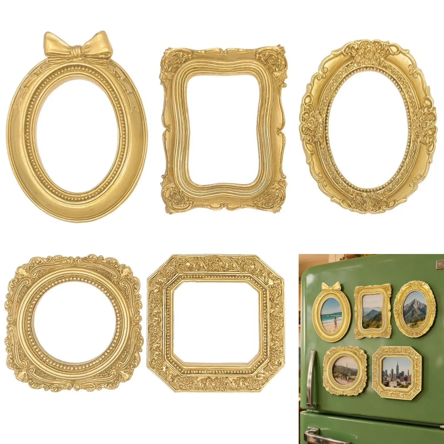 5PCS Small Picture Frames, Mini Gold Frames, Vintage Gold Frames, Table Top Decor, Magnetic Picture Frames for Refrigerator, Vintage Frame Set, Christmas Decor