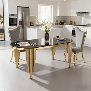 Elegant Black Oval Dining Table for 6 Modern Glass Top with Gold Legs Luxury Stainless Steel Base Large Table for Dining Room Kitchen Office Easy Assembly