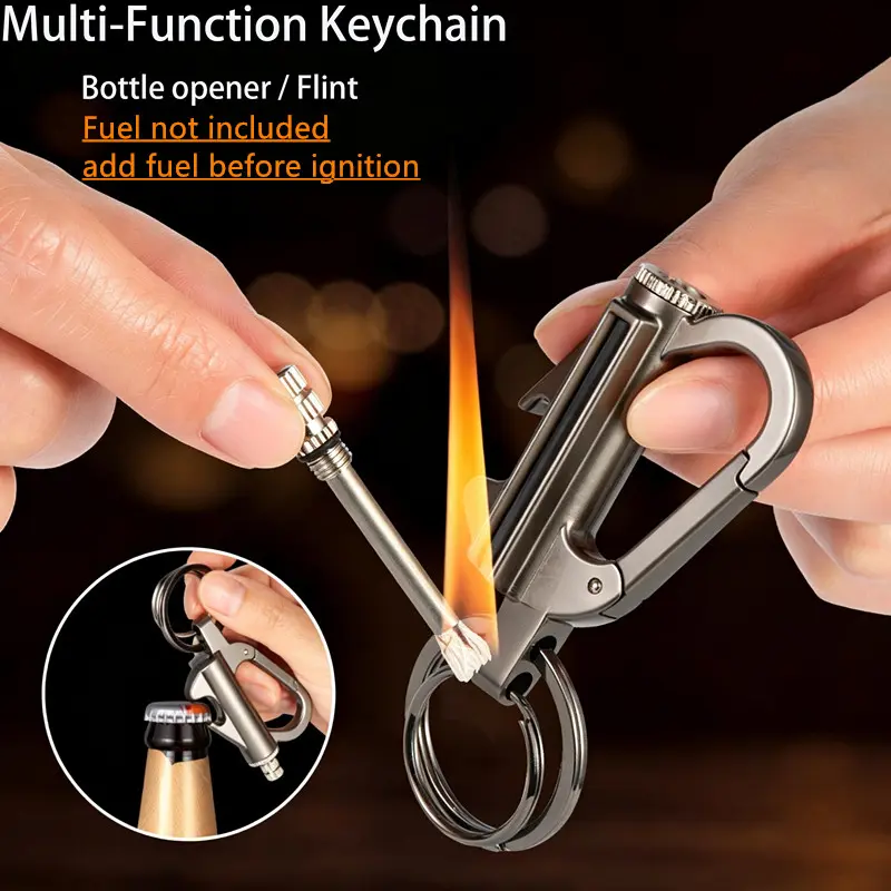 3-in-1 Flint Fire Starter Keychain - Waterproof, Windproof, Refillable Kerosene Permanent Match with Bottle Opener, Emergency Survival EDC Multitool for Camping, Hiking, Metal Gift for Men（Doesn't include fuel）