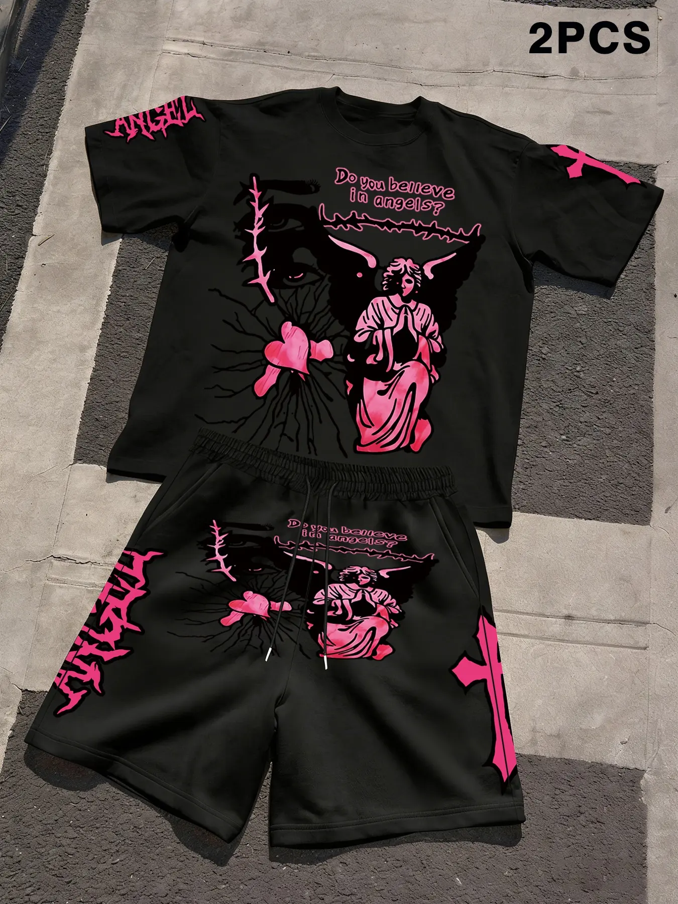 Y2K Angel Graphic 2-Piece Set: Oversized Tee & Shorts with Pink Heart Print, Edgy, Casual, gothic streetwear perfect for TikTok trends, cozy, bold, viral-ready. #Y2KFashion #Streetwear #Matchin