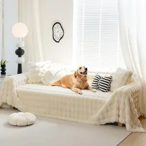 Fuzzy Plush Sofa Covers, Faux  Couch Cover for 3 Cushion Couch Sofa, Sectional Couch Cover, Warm L Shaped Sofa Slipcovers for Dogs, Cats (Beige, 71" x 134")