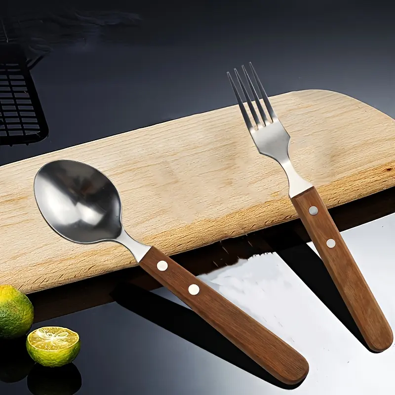 Camping-Dining Cutlery Set, Wood Handle Anti-Slip Stainless Steel Spoons-Forks, Western-Style Beef Rib Forks-Soup Spoons, Household Everyday Use Tableware That Enhances Meal's Presentation, Household Spoons