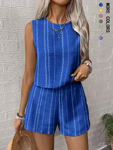 Two-piece Set Women's Striped Print Crop Tank Top & Shorts, Casual Sleeveless Round Neck Top & Shorts for Summer, Ladies Clothes for Daily Wear, Casual Matching Set