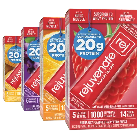 Rejuvenate Muscle Health Essential Amino Acids Comparable to 20g Protein, Only 5 Calories, Sugar-Free, Dairy-Free, 1,000 IU Vitamin D3 for Muscle Support, EAA+BCAA Drink Mix Stick Packs, Perfect Alternative to Whey Protein, Clear Protein & Protein Powder