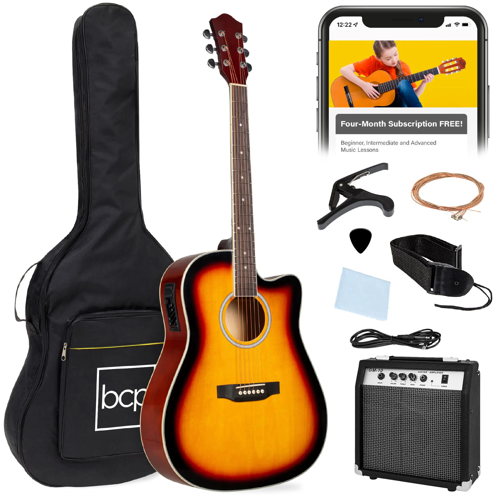 Best Choice Products Beginner Acoustic Electric Guitar Starter Set 41in w/ All Wood Cutaway Design, Case