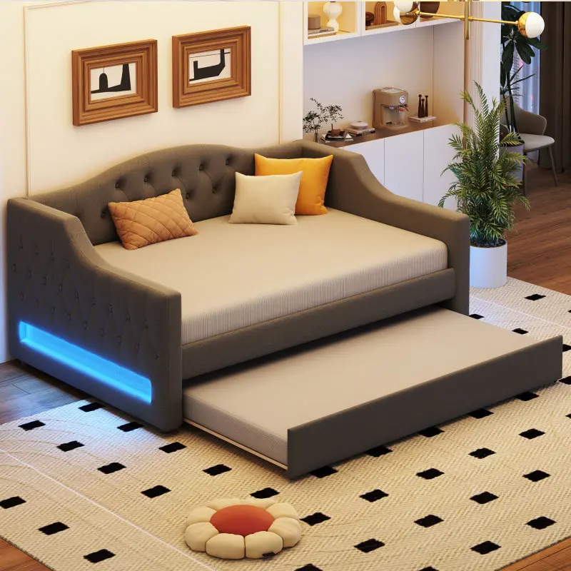 Full XL Size Daybed Upholstered Platform Bed Frame with LED Belt and Trundle, Wood Daybed Frame with Slats, No Box Spring Needed