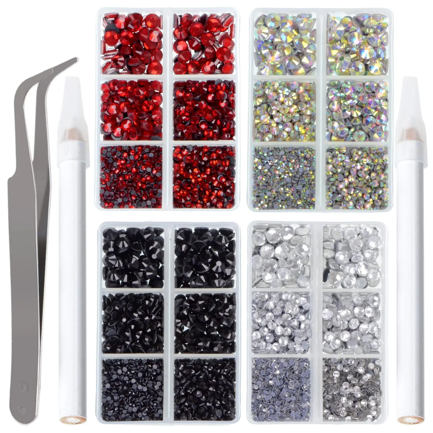 4 Boxes Hotfix Rhinestones Set,Flatback Glass Crystal,Clear Red AB Crystal and Black Rhinestone with Tweezers and Picking Pen for Crafts Clothes Nail Art,Valentine's Day Gifts,Hand Tools Kits