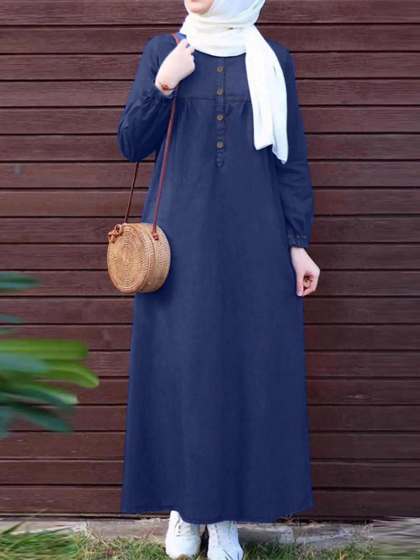 Women's Plain Button Front Long Sleeve Dress, Casual Round Neck Long Dress for Fall & Winter, Women's Clothing for Daily Wear, Modest Style Dress, Modest Islamic Clothing, Modest Dresses