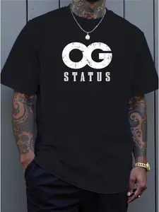 Men's 'OG Status' Oversized T-Shirt - Large Size Bold OG Lettering Crew Neck Short Sleeve Shirt, Orange with White Suitable for, Casual Wear,, Everyday Outfits, Machine Washable Loose Fit Tee