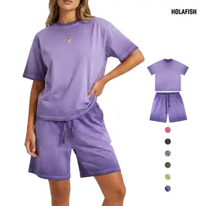 Holafish Womens Oversized Tshirt & Shorts Buy as Set or Individually, Heavyweight Cotton Relaxed Fit Summer Washed Dirty Washed Trendy Gradient Color Men's and Women's Suits, Short-sleeved Tops Paired with Shorts, Retro Couple Outfits