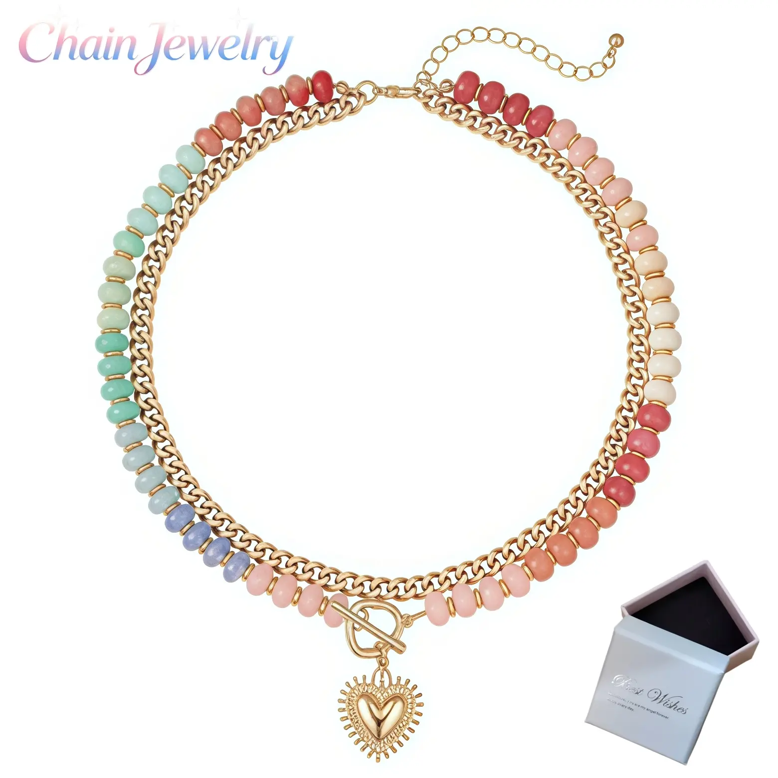 Double Layer Beaded Heart Pendant Necklace for Women Colorful Beaded Choker Necklace with Adjustable Chain Boho Summer Beach Jewelry for Girls