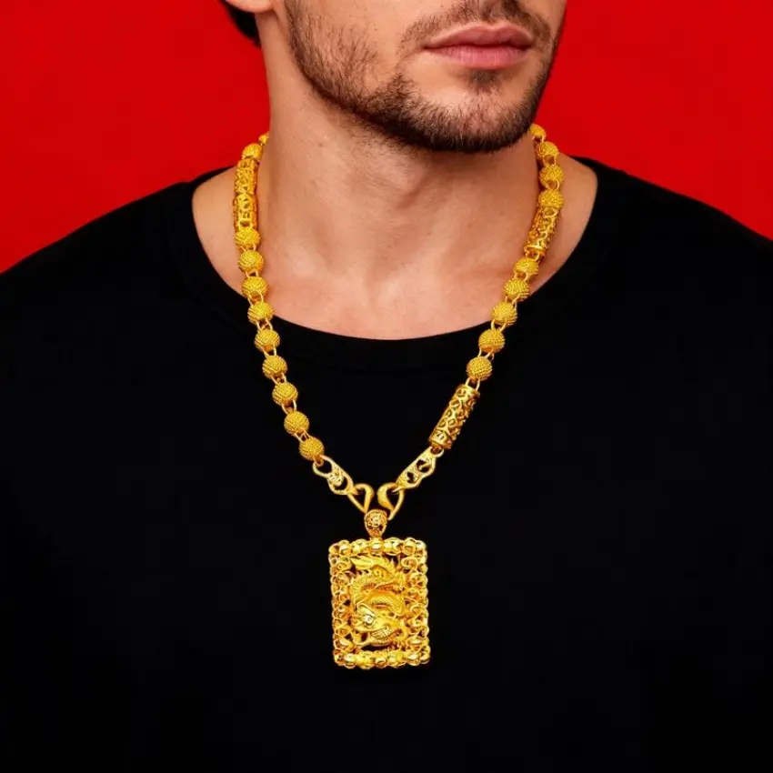 Men's Gold-Plated Copper Dragon Pendant Necklace - Bling Fashion Pendants, Gold Tone Men's Accessories, Symbolic Charm Chain for Daily Wear, Festive Gifting