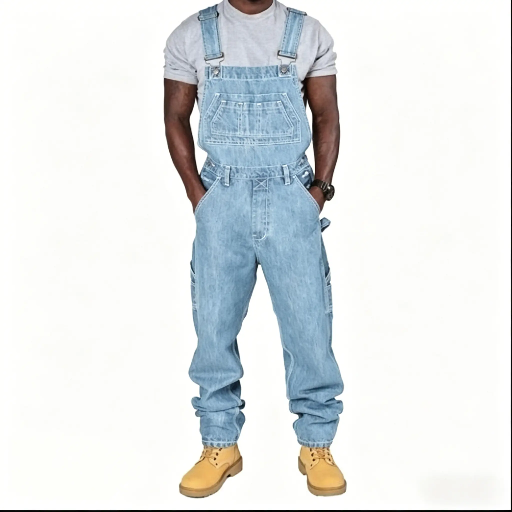 Men's 90s Style Distressed Denim Bib Overalls - Full-Length, Baggy, Ripped Suspender Pants with Pocket, Built-in Pockets, Vintage Casual Trousers for Spring Outdoors Menswear Sets, Built-In Pockets Overalls