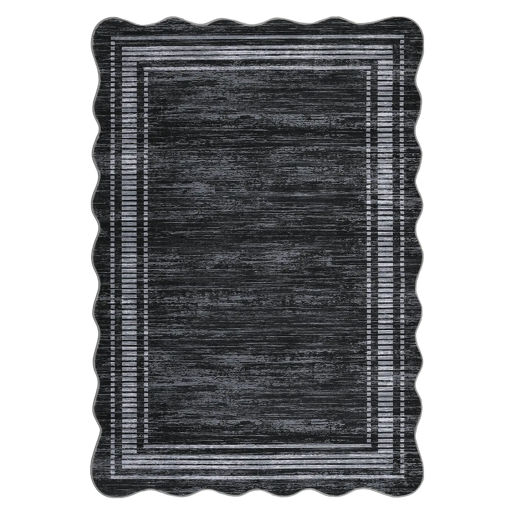 8 x 10 ft Polyester Black Rectangular Machine Washable Geometric Bordered Living Room Bedroom Dining Room Machine Washable Area Rug