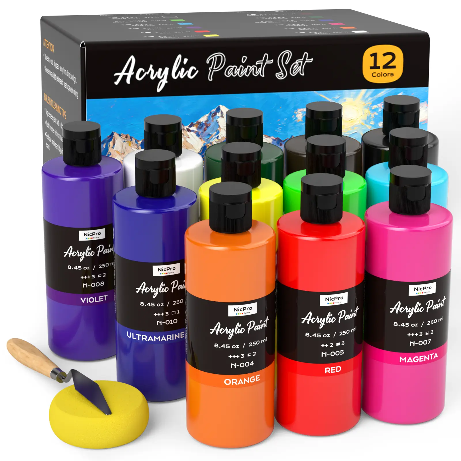 Nicpro 12-Color Large Volume Acrylic Paint Set (8.45 oz/250ml) - Non-Toxic Art School Supplies, Multi-Surface Craft Use Including Fabric, Color Wheel Included, for Adults & Kids Art