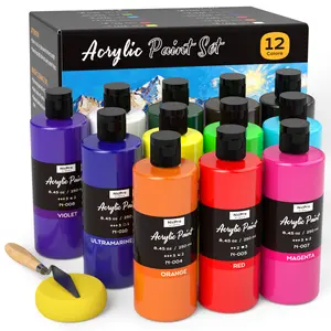 Nicpro 12 Colors Large Bulk Acrylic Paint Set (8.45 oz,250 ml) Rich Art Painting Supplies, Non Toxic for Multi Surface Rock Canvas Wood Ceramic Leather Fabric Craft, for Adult with Color Wheel