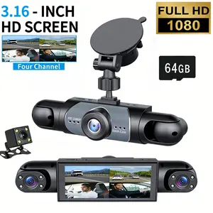4 Channel Car Dash Cam 1080P HD DVR with 64GB Memory Card Night Vision Parking Mode 3.16" Screen Front Rear Left Right Cameras Dashcam