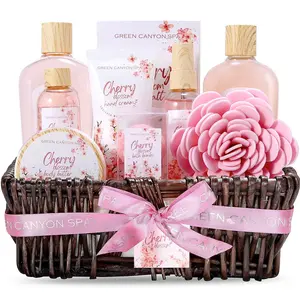 10Pcs Cherry Blossom Luxury Spa Gift Basket for Women, Bath & Body Care Set with Shower Gel, Body Lotion, Bath Bombs & Hand-Woven Storage Basket, Perfect Birthday & Mothers Day Gifts for Her