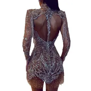 Summer Women's Dress with Gold Sequins, Backless Transparent Hollow Out Mini Skirt Casual Womenswear Formal Turtleneck Long Sleeve