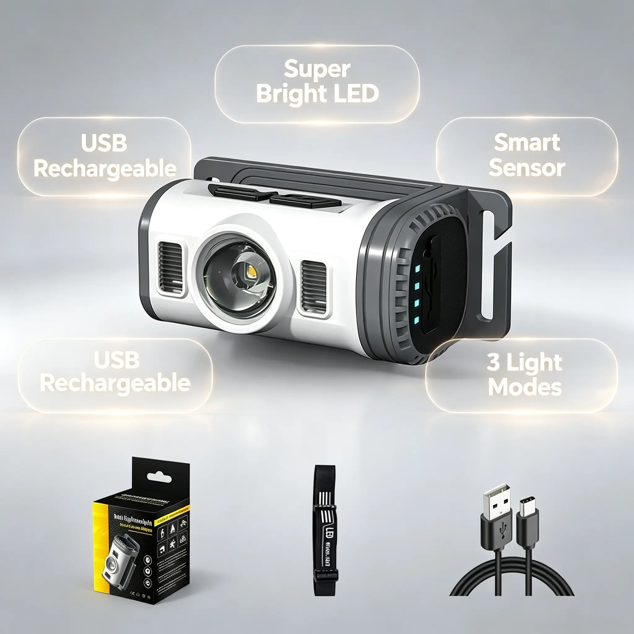Mini Smart Sensor LED Headlamp, USB-C Rechargeable Super Bright Head Flashlight, 3 Light Modes Portable Hands-Free Head Light for Camping, Hiking, Fishing, Running, Repair & Emergency Use