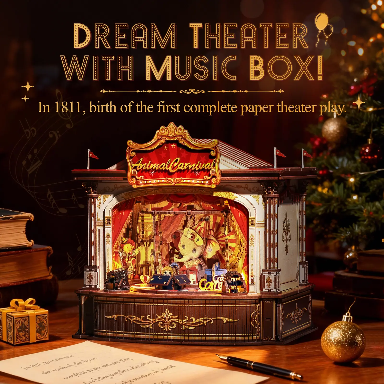 CUTEBEE AAA DIY 3D Wooden Puzzle Kit - Rotating Animal Carnival Miniature Theater Music Box with Luminous LED Light, Handmade House Puzzle Collectibles, Thoughtful Holiday Gift for Home Decor