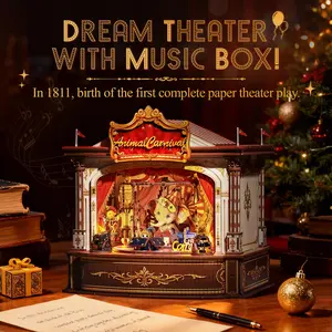 CUTEBEE DIY 3D Puzzle Kit Animal Carnival – Wooden Rotating Miniature Theater Music Box with LED Light, Handmade Creative Home Decor | Holiday, Christmas and Black Friday Gift