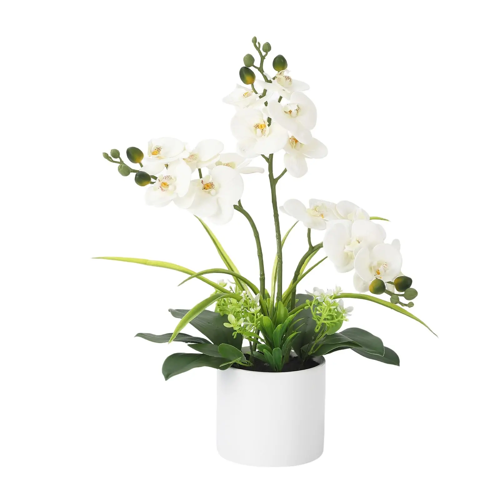 Garvee 3PCS Real Touch Silk Phalaenopsis Orchid Bouquet Set, Potted Artificial Flowers with Round Plastic Leaves, Home Decor Items for Table Centerpieces, Indoor Home Office Decoration (White, Green, Purple, Yellow Options)