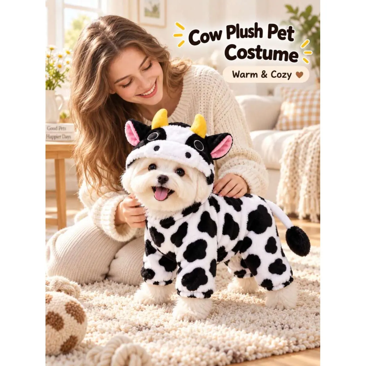 Cow Patterned Flannel Pet Hoodie Costume with Ears & Tail, Warm Plush Outfit for Dogs and Cats