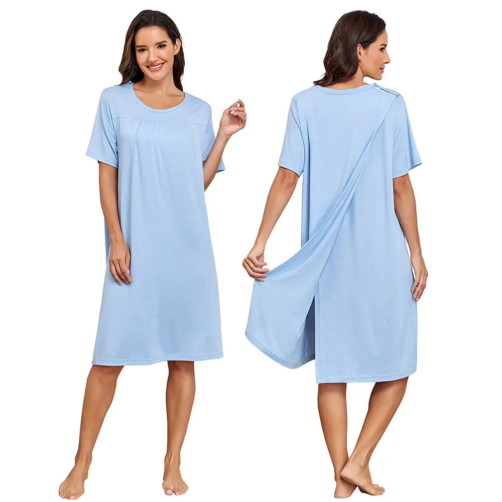 Women's Open Back Snap-Closure Adaptive Hospital Gown - Loose Plain Casual Nightwear & Loungewear for Shoulder, Rotator Cuff Surgery Patients