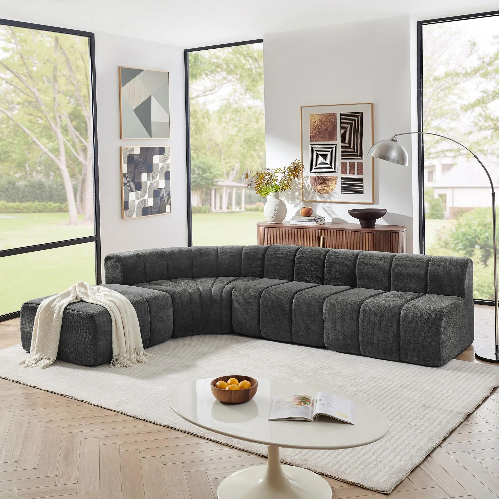 【Sub 3 packages】Niccae Modern Semi-Curved Modular Sectional Sofa, Vertical Stitched Chenille Soft Couch with Movable Adjustable Ottoman, Rounded Edge Wear-resistant All Season Comfort Floor Sofa for Indoor Use-Black