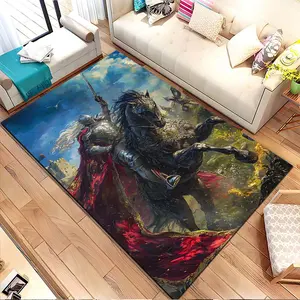 Knight and horse in dramatic action. Printed pattern home carpet, suitable for living room, bedroom, kitchen mat, home decoration, carpet, and suitable as a holiday gift for family and friends