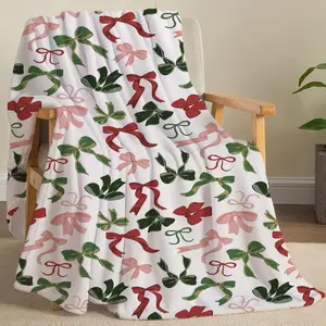Soft Comfortable Flannel Throw , Christmas Bow Pattern Blanket, Textiles for Home Office Travel Outdoor Camping for All Seasons, Flannel Blankets
